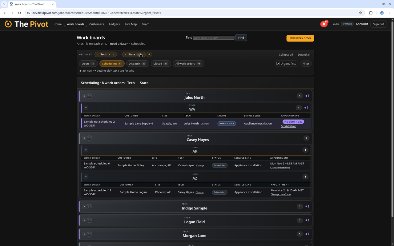 Same Scheduling board nested by Tech then State after switching Group by