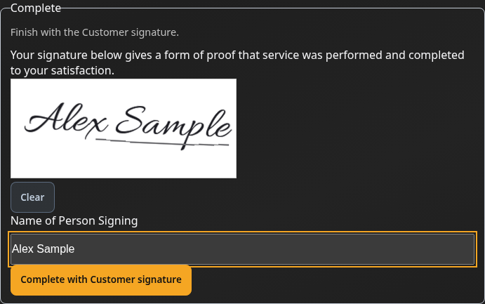 Customer signature box on the tech phone Complete panel: signature pad, name, and Complete with Customer signature
