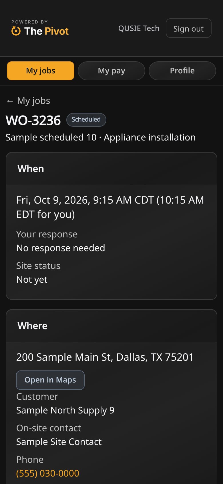Tech phone page: work order detail