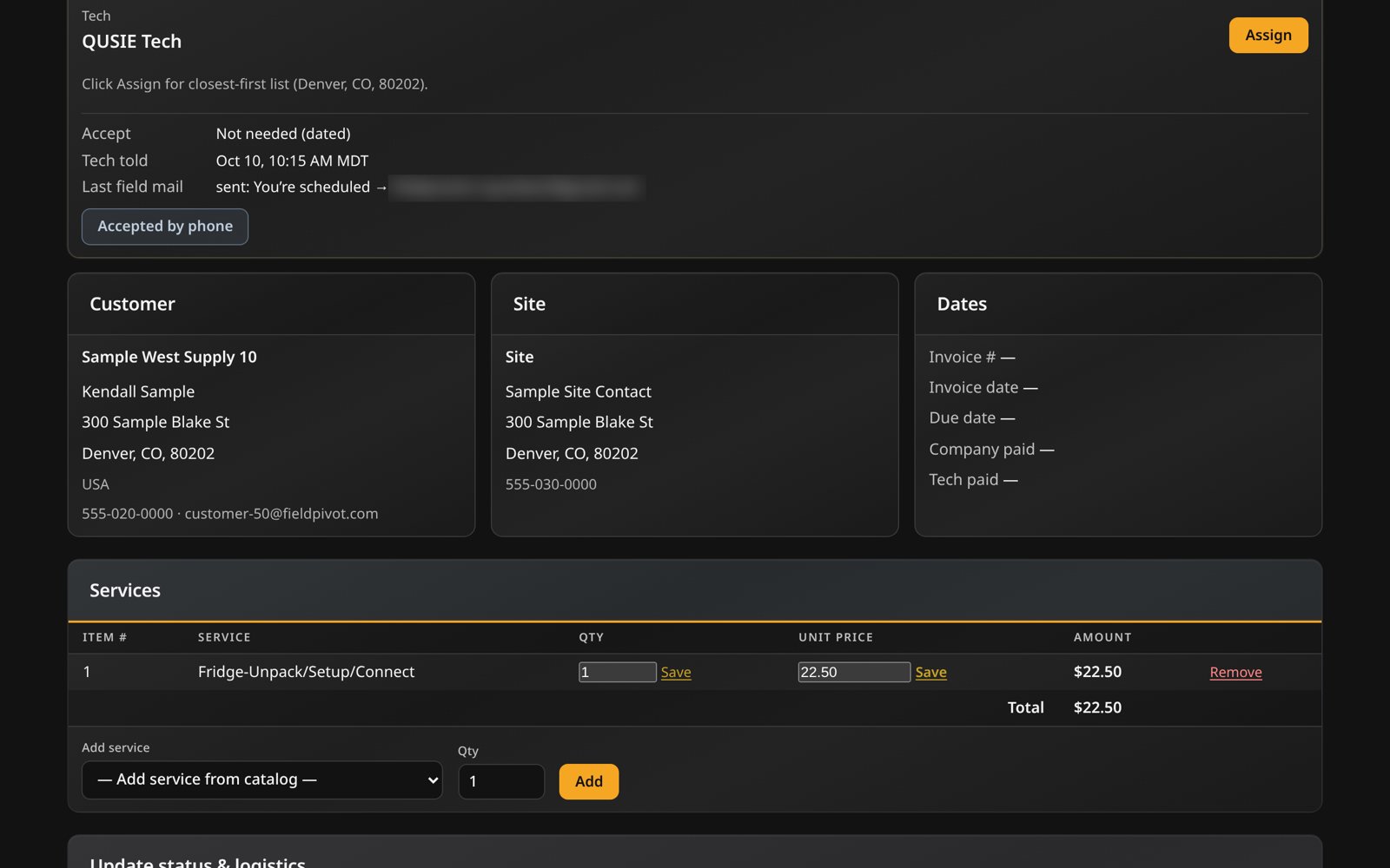 Work order record with customer, site, dates and services